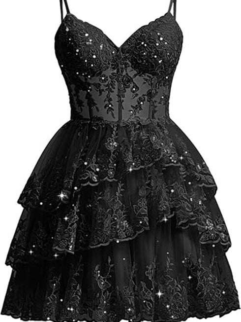 Black Sparkly Tiered Tulle Homecoming Dress, Black Tulle Short Straps Party Dress