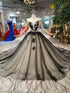 Black and Champagne Tulle A-line Party Dress, Tulle with Lace Applique V-neckline Long Formal Dress