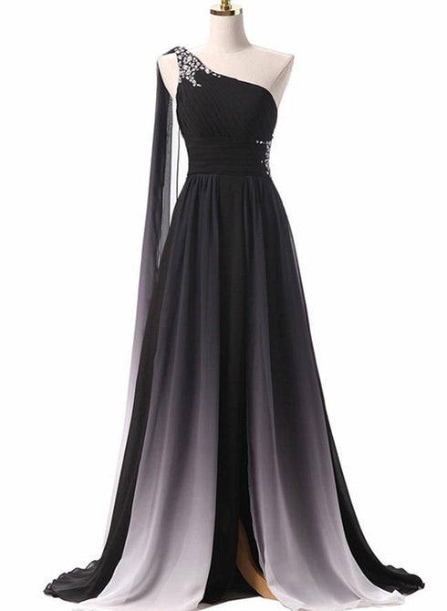 Chiffon A-line Gradient One Shoulder Evening Dress, Chiffon Prom Dress Party Dress