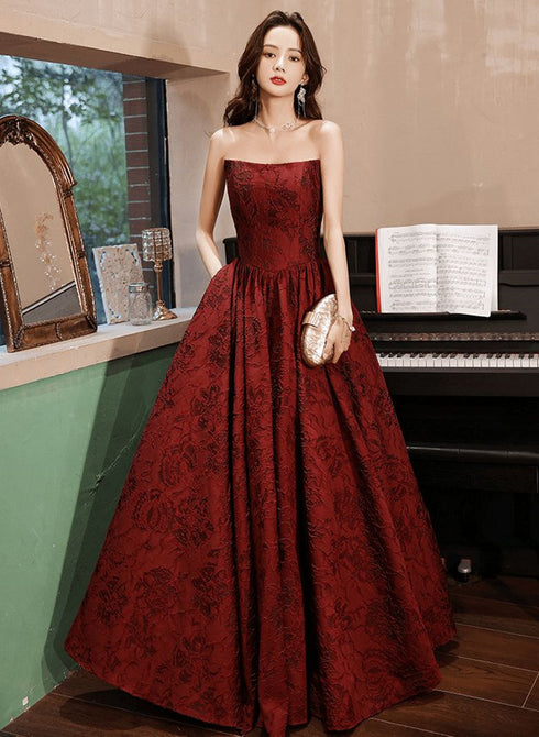 Wine Red Floral Satin Long Party Dress, Wine Red Evening Dress Prom Dress