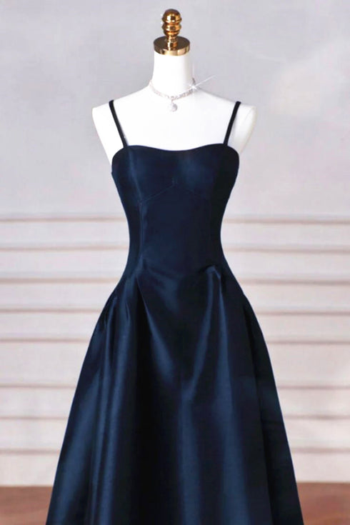 Simple Navy Blue Satin Straps Long Prom Dress, Navy Blue Party Dress