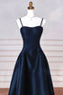 Simple Navy Blue Satin Straps Long Prom Dress, Navy Blue Party Dress