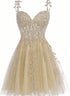 Cute Champagne Tulle Short Lace Homecoming Dress, Sweetheart Knee Length Party Dress