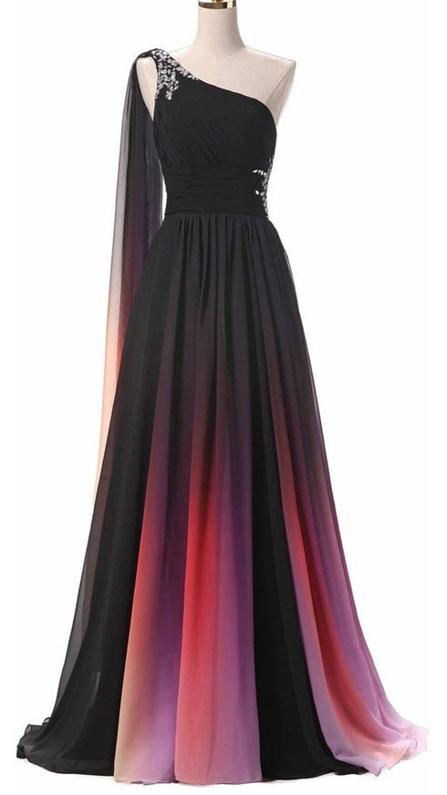 Chiffon A-line Gradient One Shoulder Evening Dress, Chiffon Prom Dress Party Dress