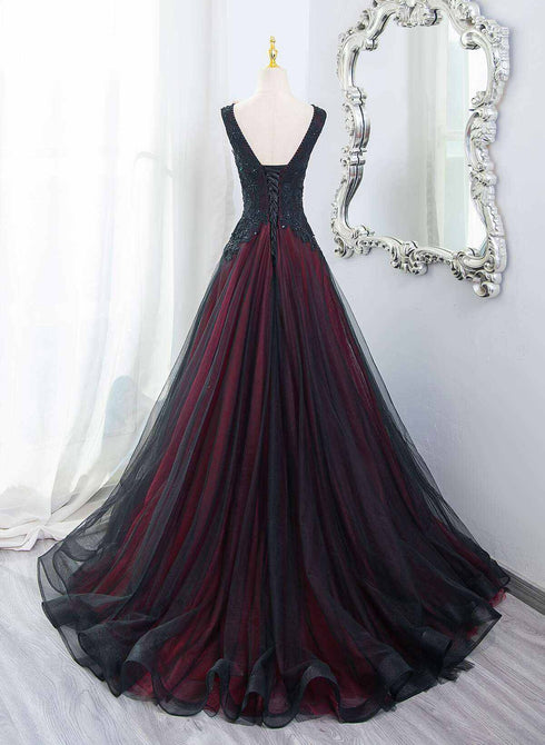 Black And Red V-Neckline Beaded Long Formal Dress, Black And Red Tulle Prom Dress
