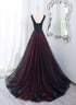 Black And Red V-Neckline Beaded Long Formal Dress, Black And Red Tulle Prom Dress