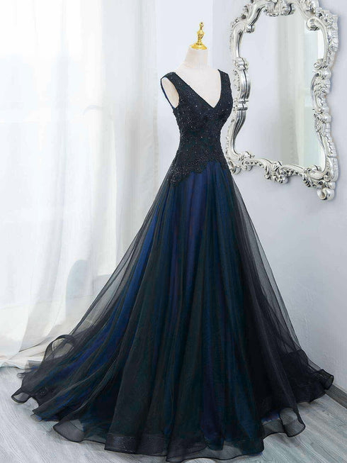 Black and Blue Tulle with Lace Applique V-neckline Party Dress, Black and Bue Long Prom Dress