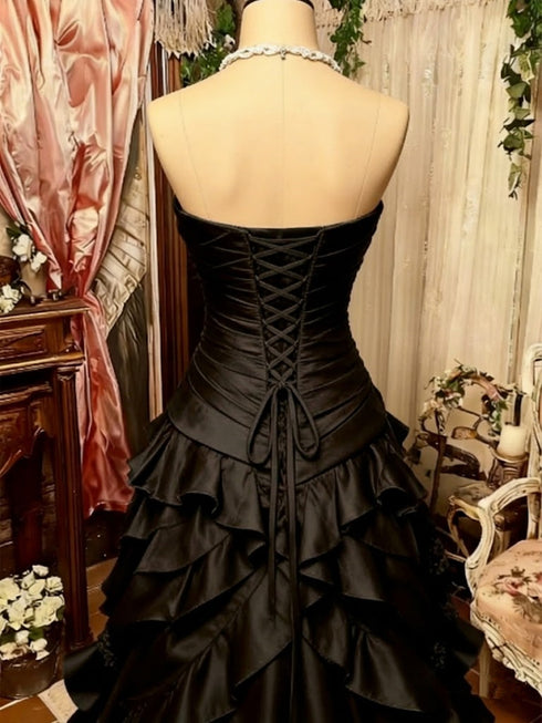 Gothic Black Ruffle Prom Dress, Vintage Strapless Sweetheart Ball Gown Formal Dress