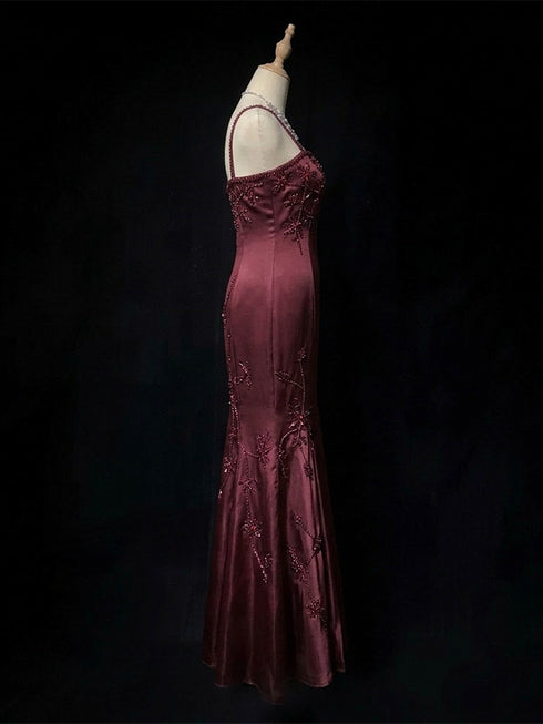 Wine Red Beaded Straps Satin Long Prom Dress, Wine Red Lace-up Formal Dress Evening Dress