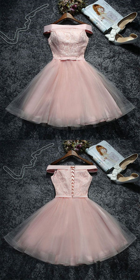 Pink Lace and Tulle Off Shoulder Short Homecoming Dress, A-line Pink Formal Dress Party Dress