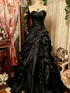 Gothic Black Ruffle Prom Dress, Vintage Strapless Sweetheart Ball Gown Formal Dress