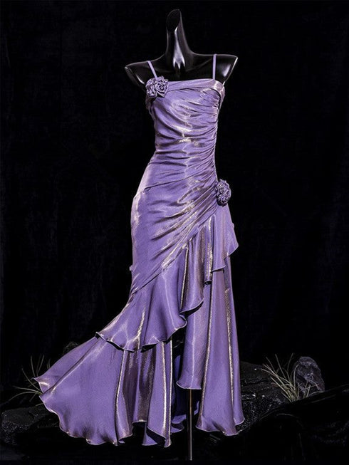Lovely Straps High Low Purple Party Dress Prom Dress, Long Satin Evening Dress