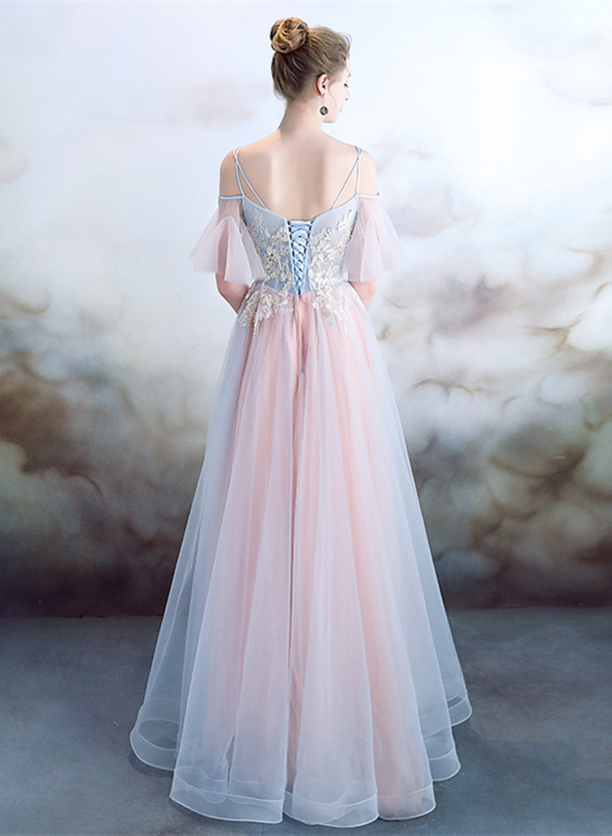 Unique Pink Tulle Off Shoulder Party Dress With Lace Applique Cute Prom Dress   cg12693 main image 0