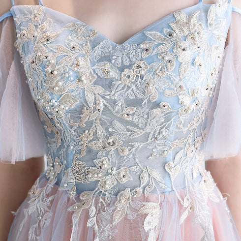 A-line Off Shoulder Tulle Pink with Lace Applique Party Dress, Pink Tulle Formal Dress