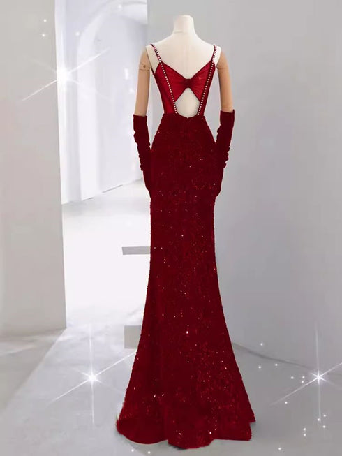 Wine Red Sequins Mermaid Straps Long Formal Dress, Wine Red Beaded Prom Dress Evening Dress