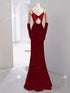 Wine Red Sequins Mermaid Straps Long Formal Dress, Wine Red Beaded Prom Dress Evening Dress
