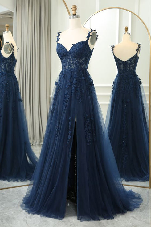 A-line Navy Blue Tulle Sweetheart with Lace Prom Dress, Navy Blue Long Party Dress