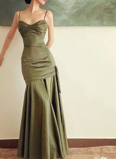 Lovely Green Satin Sweetheart Straps Long Party Dress, Green Satin Prom Dress