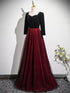 A-line Black and Red Velvet Long Party Dress, Long Sleeves Gothic Prom Dress