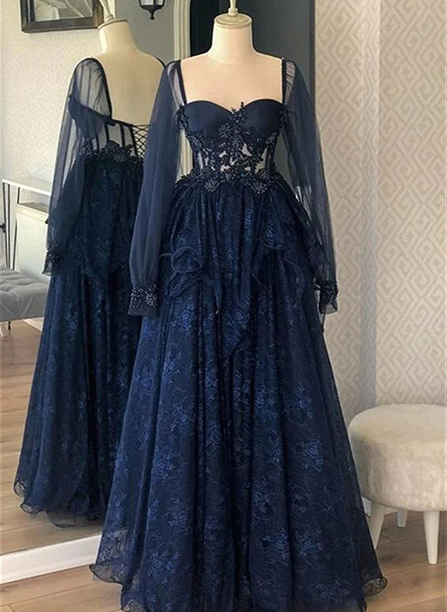 Navy Blue Tulle with Lace Appliqued Prom Dresses main image 1