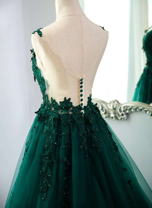 Dark Green V-neckline Lace Long Beaded Prom Dress, Dark Green Party Dress