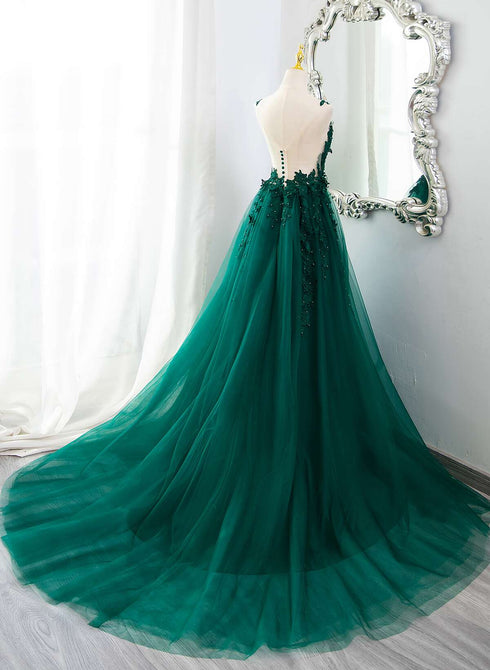 Dark Green V-neckline Lace Long Beaded Prom Dress, Dark Green Party Dress