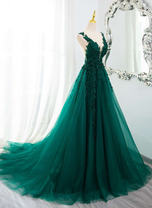 Dark Green V-neckline Lace Long Beaded Prom Dress, Dark Green Party Dress