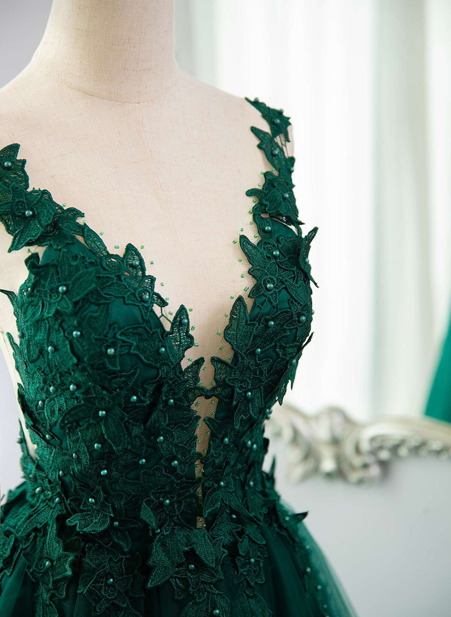 Dark Green V-neckline Lace Long Beaded Prom Dress, Dark Green Party Dr BeautyDressy Dark Green V-neckline Lace Long Beaded Prom Dress, Dark Green Party Dr BeautyDressy