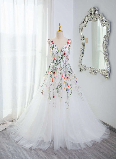 White Tulle with Floral Lace Wedding Party Dress, V Back Tulle Formal Gown