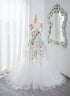 White Tulle with Floral Lace Wedding Party Dress, V Back Tulle Formal Gown