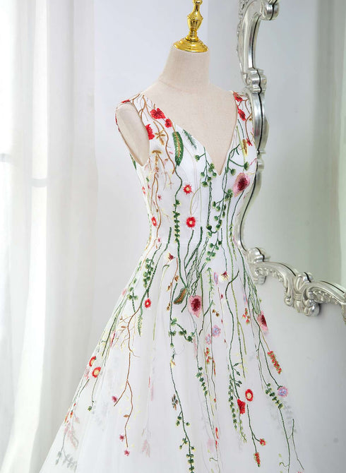 White Tulle with Floral Lace Wedding Party Dress, V Back Tulle Formal Gown