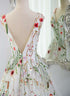 White Tulle with Floral Lace Wedding Party Dress, V Back Tulle Formal Gown