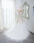 White Tulle with Floral Lace Wedding Party Dress, V Back Tulle Formal Gown