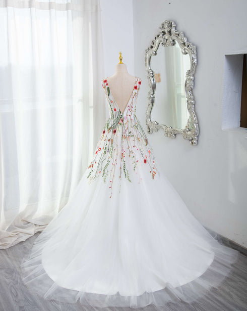 White Tulle with Floral Lace Wedding Party Dress, V Back Tulle Formal Gown