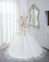 White Tulle with Floral Lace Wedding Party Dress, V Back Tulle Formal Gown