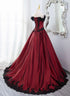 Elegant Off Shoulder Wine Red Prom Dress with Black Lace, Wine Red Evening Dress