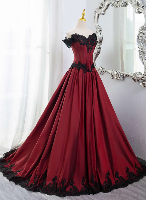 Elegant Off Shoulder Wine Red Prom Dress with Black Lace, Wine Red Evening Dress