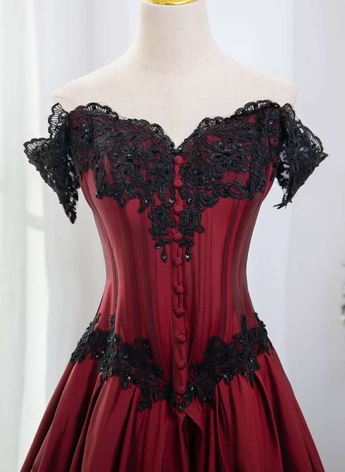 Elegant Off Shoulder Wine Red Prom Dress with Black Lace, Wine Red Evening Dress