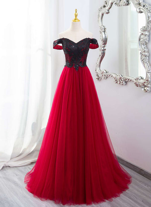 A-line Tulle Red and Black Lace Formal Dress, A-line Prom Dress