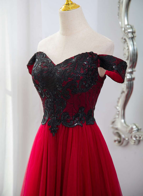 A-line Tulle Red and Black Lace Formal Dress, A-line Prom Dress