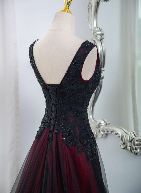 Beautiful Black and Red V-neckline Tulle Beaded Formal Dress, A-line Prom Dress