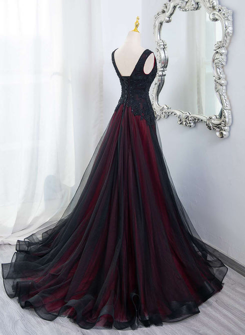 Beautiful Black and Red V-neckline Tulle Beaded Formal Dress, A-line Prom Dress