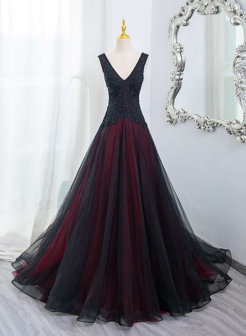 Beautiful Black and Red V-neckline Tulle Beaded Formal Dress, A-line Prom Dress