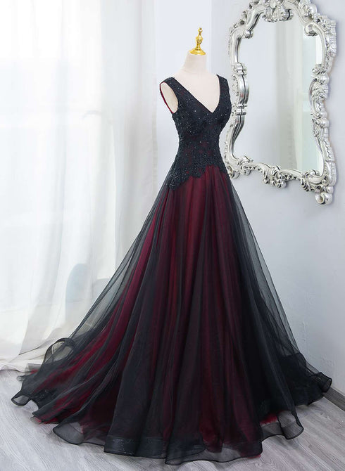 Beautiful Black and Red V-neckline Tulle Beaded Formal Dress, A-line Prom Dress