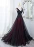 Beautiful Black and Red V-neckline Tulle Beaded Formal Dress, A-line Prom Dress