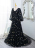 Black A-line Tulle Evening Dress Party Dress, Black Long Sleeves Prom Dress