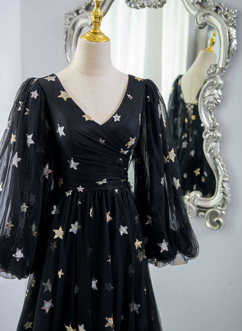 Black A-line Tulle Evening Dress Party Dress, Black Long Sleeves Prom Dress