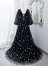 Black A-line Tulle Evening Dress Party Dress, Black Long Sleeves Prom Dress