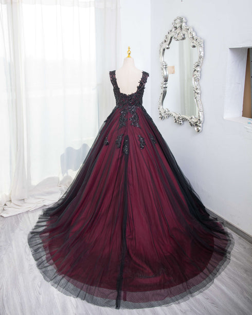 Beautiful Tulle Black and Red Straps Sweet 16 Dress, Lace Formal Dress Prom Dress