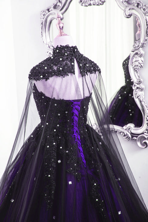 Black and Purple Beaded Tulle Ball Gown Sweet 16 Dress, Black and Purple Party Dress with Cap